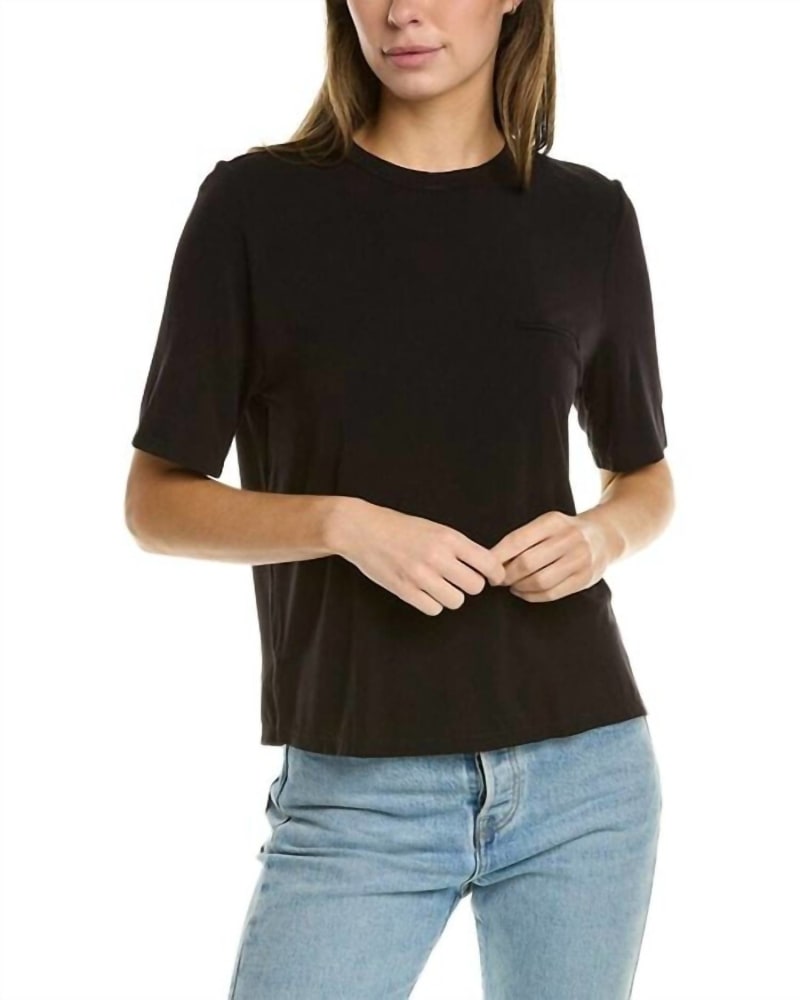 Front of a model wearing a size L Finley Patch Pocket Top in Black in Black by Eberjey. | dia_product_style_image_id:334462